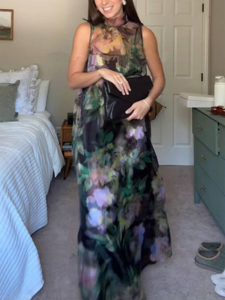 Aurohaya Unique Floral Print Tie-Drawn Chiffon Cocktail Maxi Dress