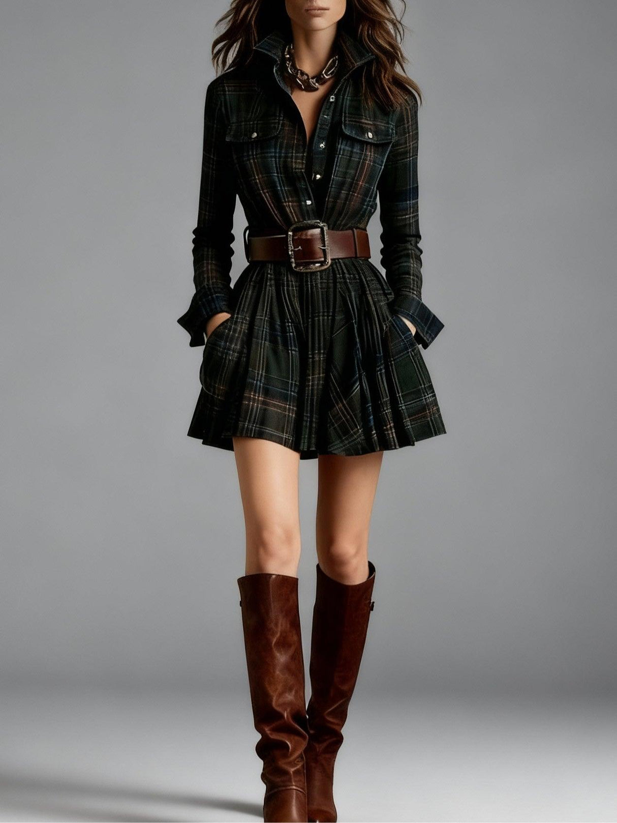 Aurohaya Vintage Lapel Red and Brown Plaid Mini Dress Dark green