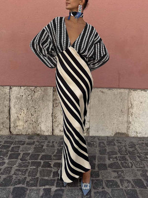 Aurohaya Unique Deep V-Neck Irregular Striped Midi Dress Black