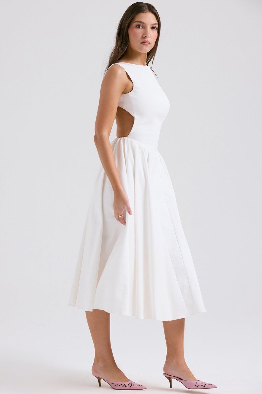 Aurohaya Stylish And Elegant Solid Color Round Neck Backless Sleeveless Midi Dress