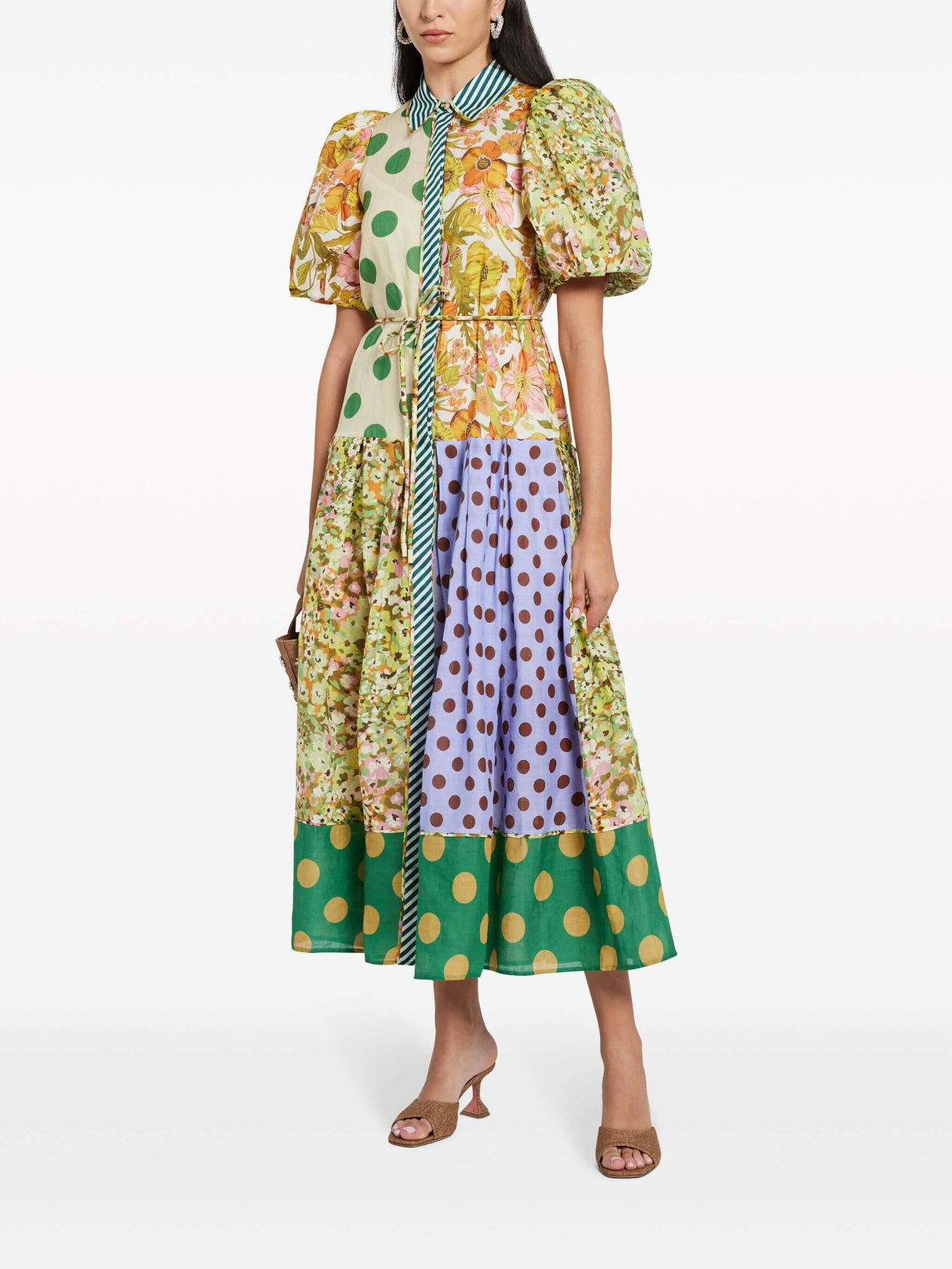 Aurohaya Exquisite Retro Floral Print Puff Sleeve Midi Dress Multicolor