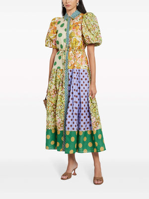 Aurohaya Exquisite Retro Floral Print Puff Sleeve Midi Dress Multicolor