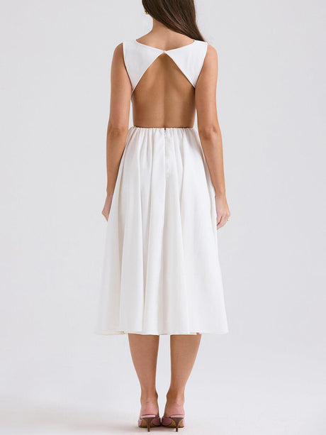 Aurohaya Stylish And Elegant Solid Color Round Neck Backless Sleeveless Midi Dress