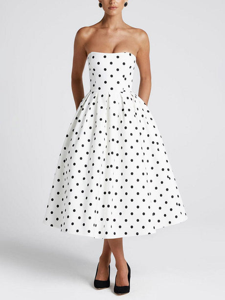 Aurohaya Elegant Retro Polka Dot Print Midi Dress