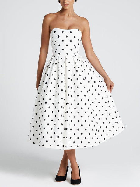 Aurohaya Elegant Retro Polka Dot Print Midi Dress