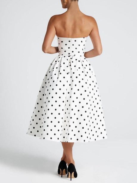 Aurohaya Elegant Retro Polka Dot Print Midi Dress