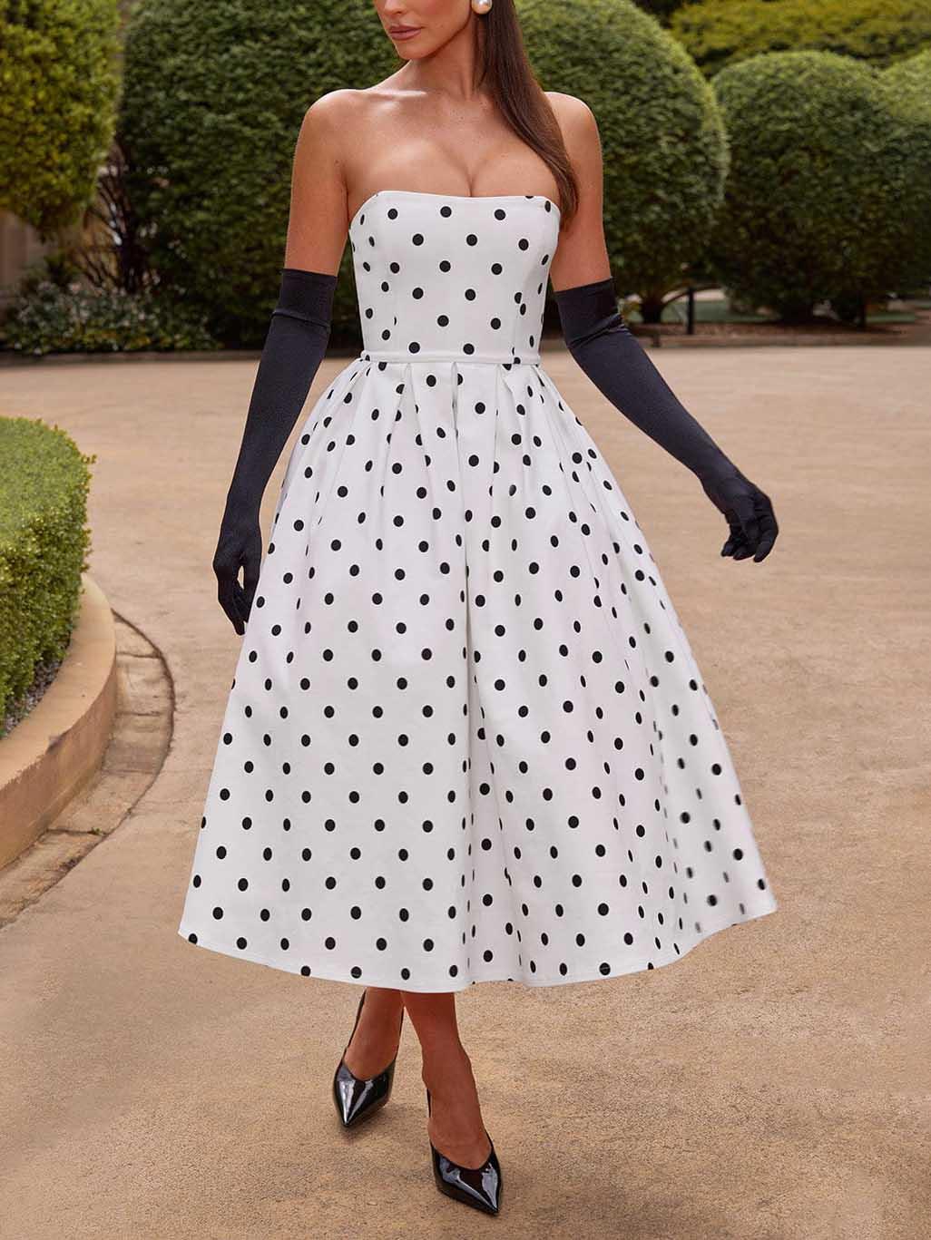 Aurohaya Elegant Retro Polka Dot Print Midi Dress White