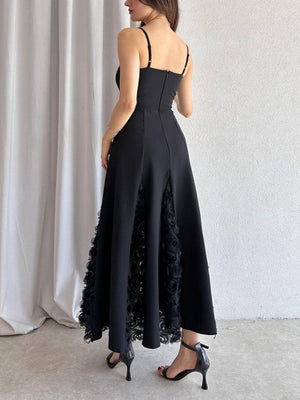 Aurohaya Elegant Rose Floral Applique Spaghetti Strap Midi Dress