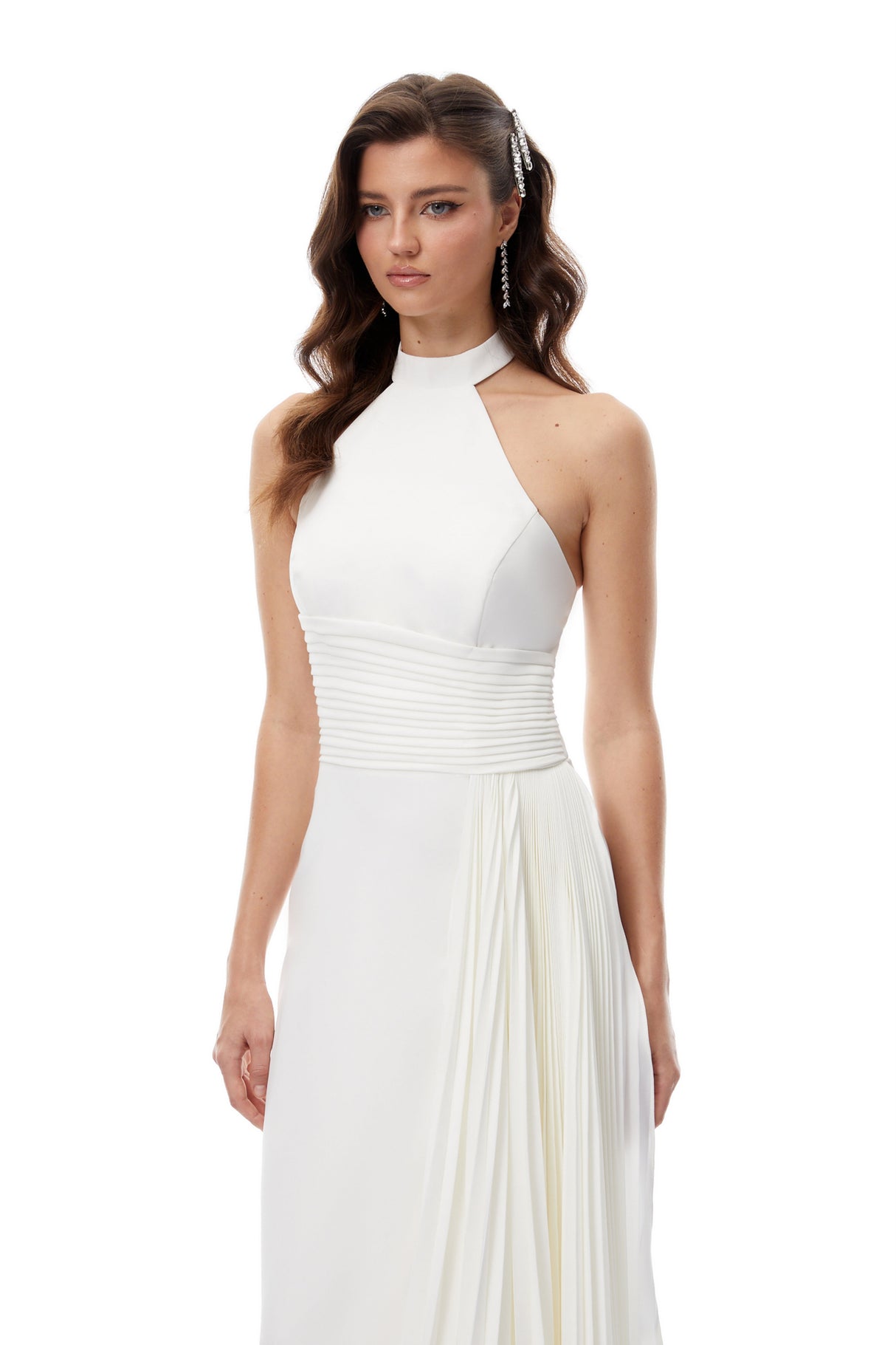 Aurohaya Lydia White Halterneck Asymmetrical Pleated Maxi Dress
