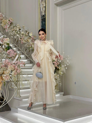 Aurohaya Chiffon Ruffle Maxi Dress — Bow-Tie Modest Evening Gown