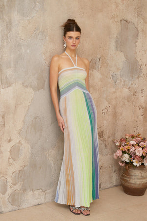Aurohaya Serelith Metallic Knit Backless Maxi Dress