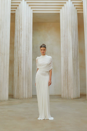 Aurohaya Catherine White Asymmetrical Pleated Maxi Dress