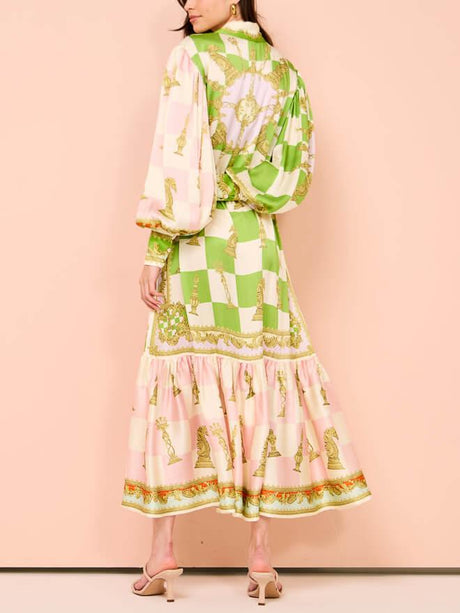 Aurohaya Unique Vintage Floral Lapel Single Breasted Midi Dress
