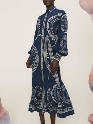 Aurohaya Exquisite Blue Ocean Print Lace-Up Single-Breasted Midi Dress