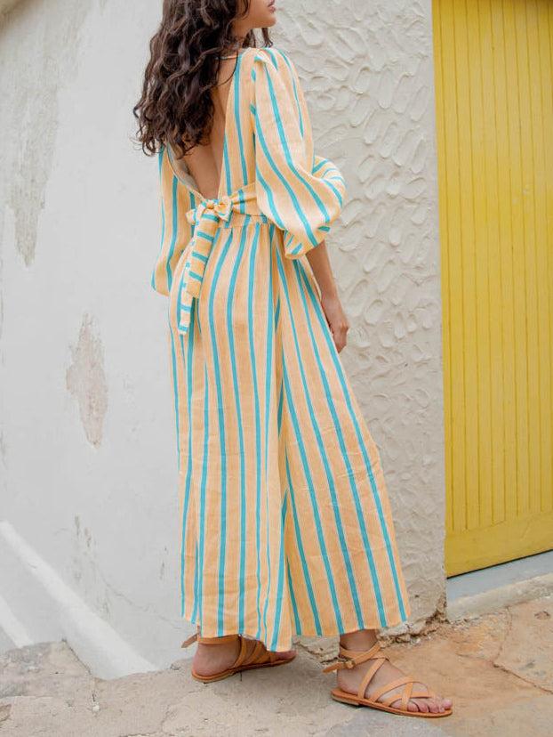 Aurohaya Striped Floral Print Sexy Backless Midi Dress