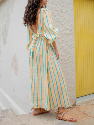 Aurohaya Striped Floral Print Sexy Backless Midi Dress