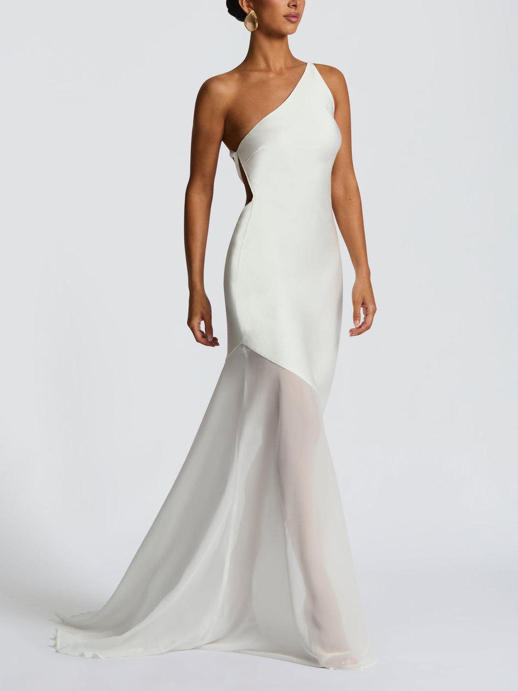 Aurohaya Elegant One Shoulder Sheer Hem Maxi Dress