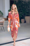 Elegant Floral Print Sexy V-Neck Long Sleeve Slit Dress