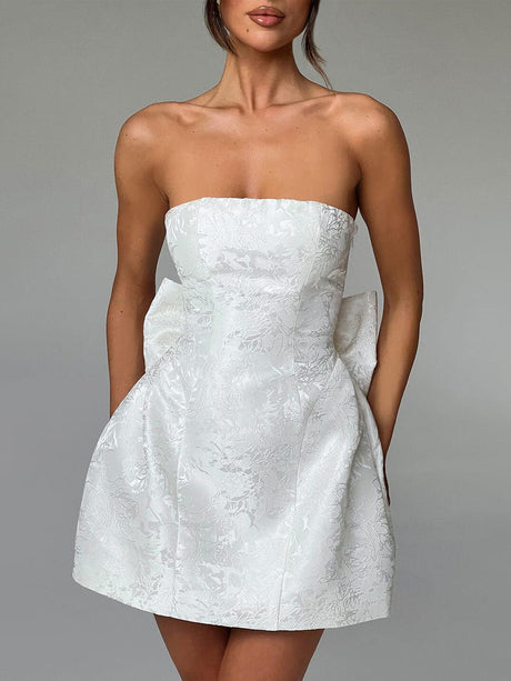 Aurohaya Fashionable And Sexy Jacquard Tube Top Bow Mini Dress White