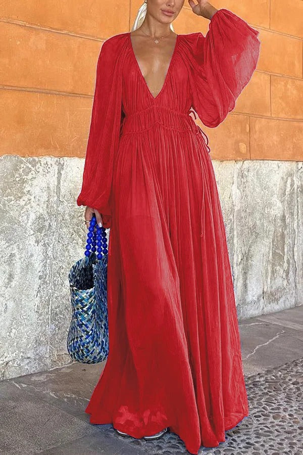 Elegant V-neck Chiffon Waist Pleated Maxi Dress