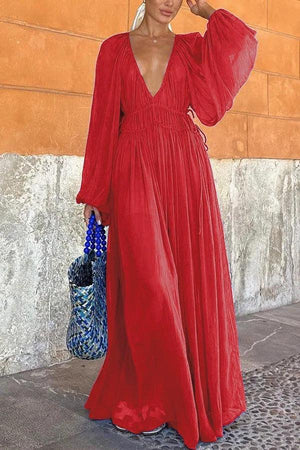 Aurohaya Elegant V-neck Chiffon Waist Pleated Maxi Dress