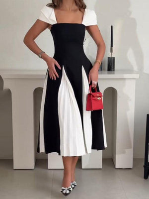 Aurohaya Elegant Contrast Pleated Panel Midi Dress Black