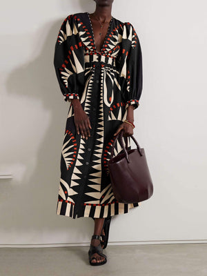 Aurohaya Unique Coconut Jungle Print Puff Sleeve Long Midi Dress Black