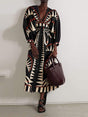 Aurohaya Unique Coconut Jungle Print Puff Sleeve Long Midi Dress Black