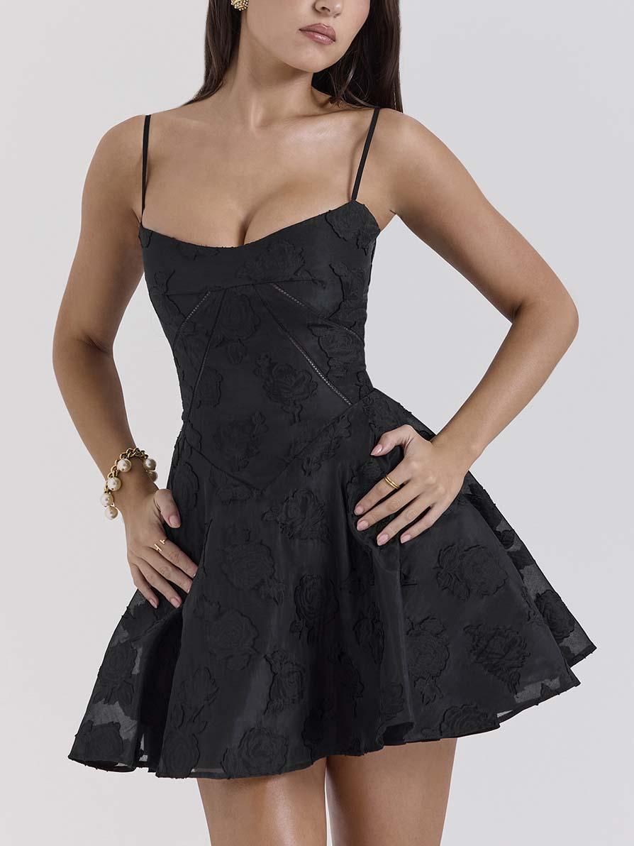 Aurohaya Elegant V Neck Floral Lace Light Gown Mini Dress