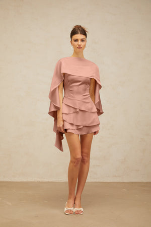 Aurohaya Lyna shawl-panel ruffled satin mini dress in Pink