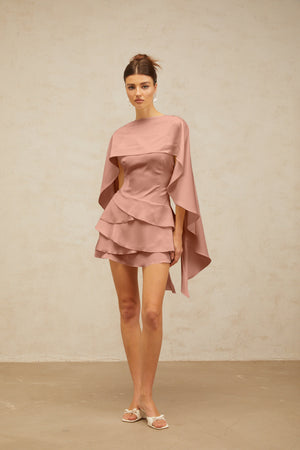 Aurohaya Lyna shawl-panel ruffled satin mini dress in Pink