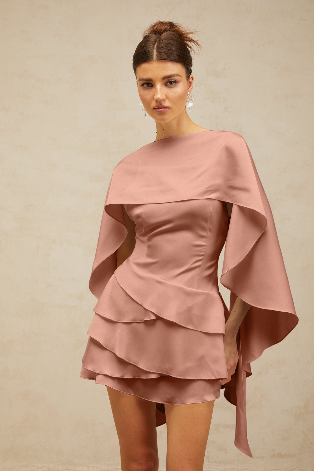 Aurohaya Lyna shawl-panel ruffled satin mini dress in Pink