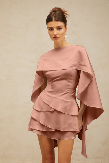Aurohaya Lyna shawl-panel ruffled satin mini dress in Pink