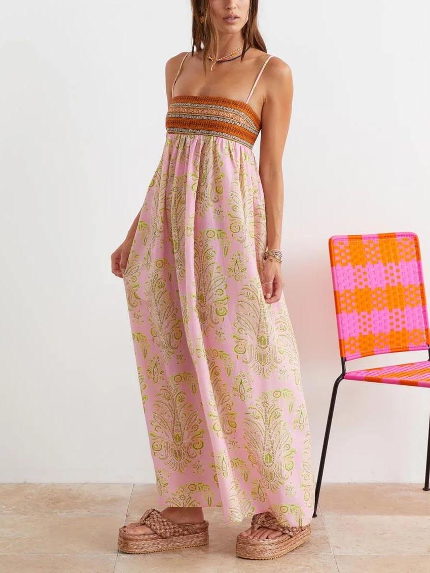 Aurohaya Bosnian Folk Floral Thin Strap Midi Dress