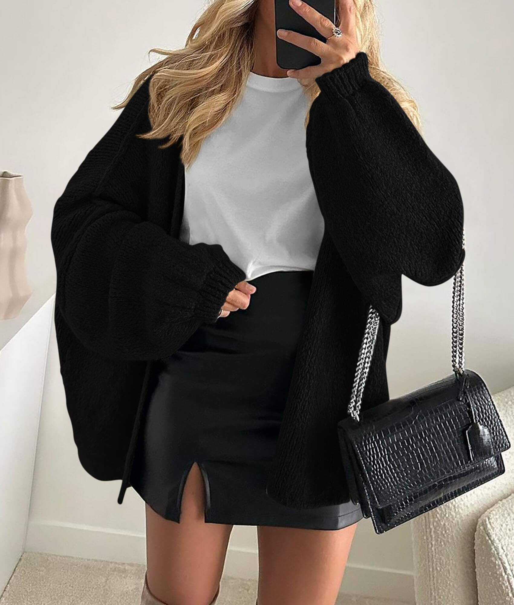 Women’s Oversized Lantern Sleeve Cardigan – Lightweight Fall Knit