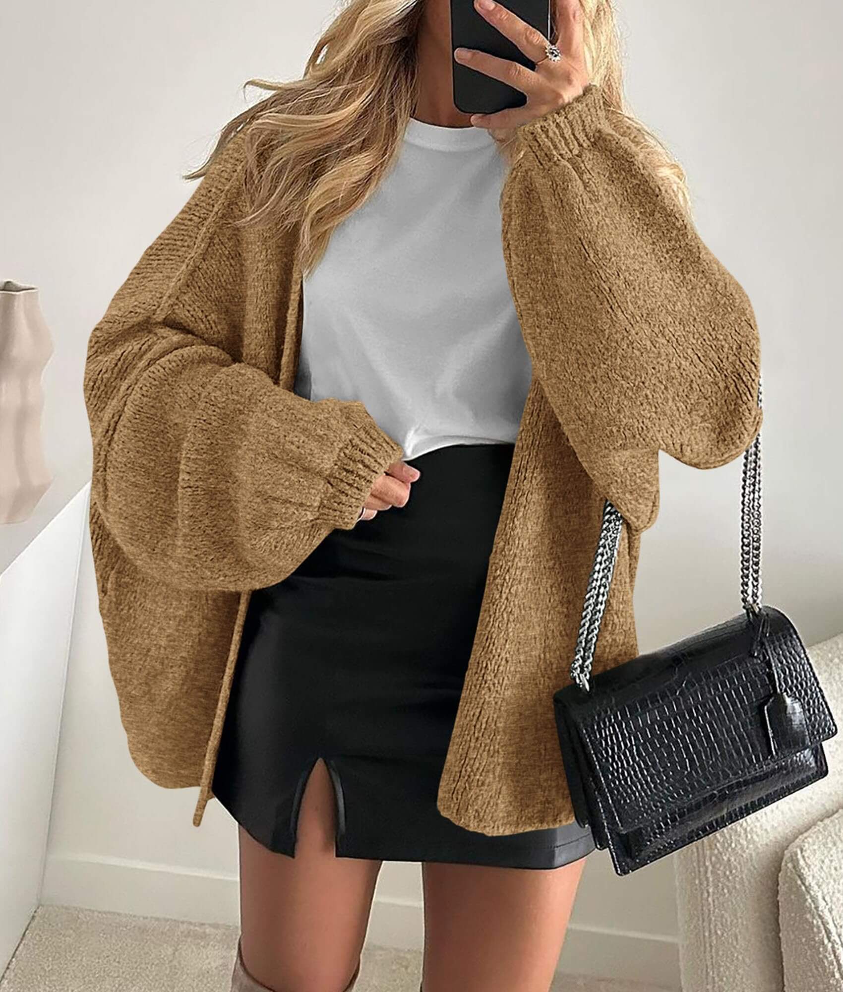Women’s Oversized Lantern Sleeve Cardigan – Lightweight Fall Knit
