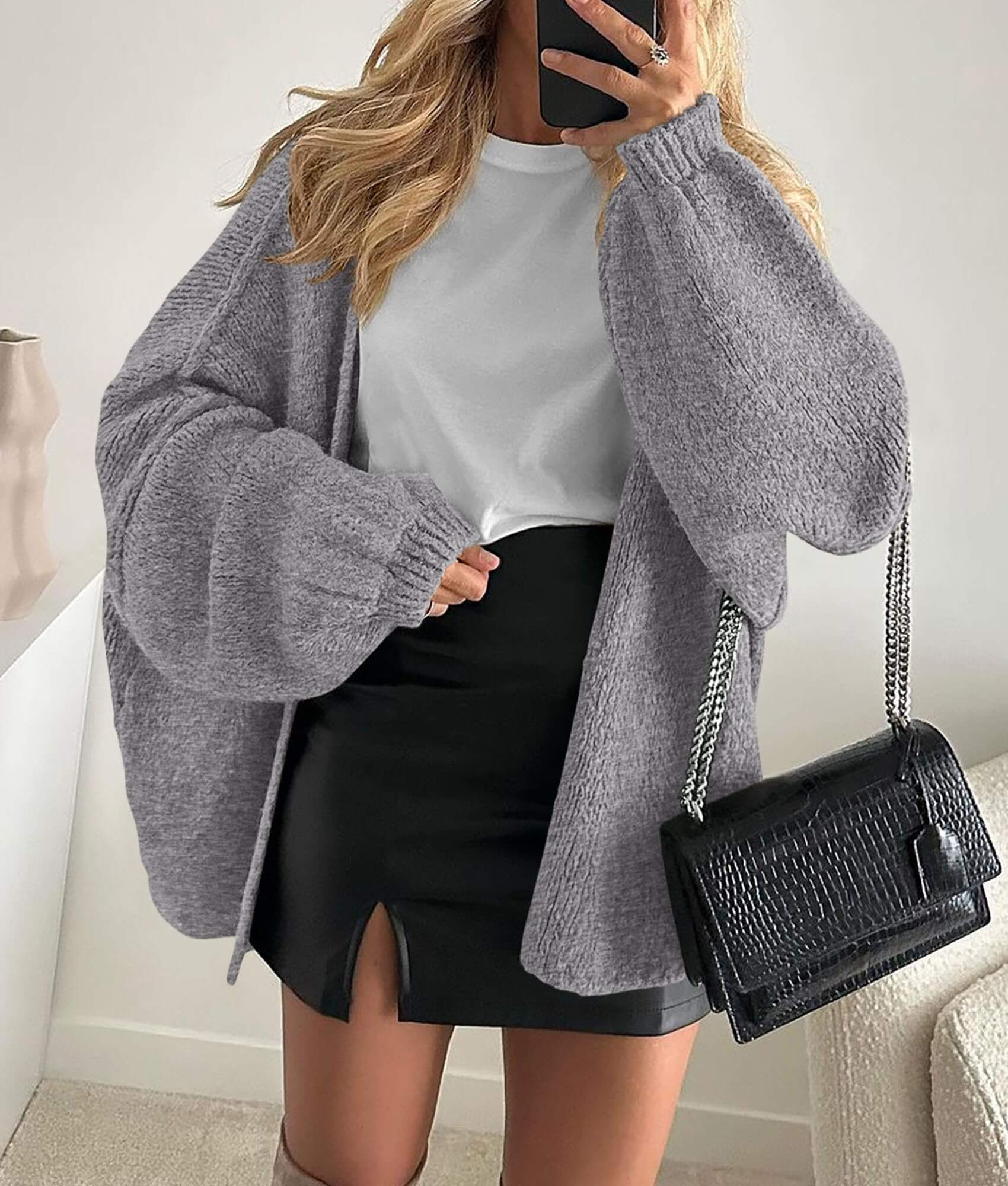 Women’s Oversized Lantern Sleeve Cardigan – Lightweight Fall Knit