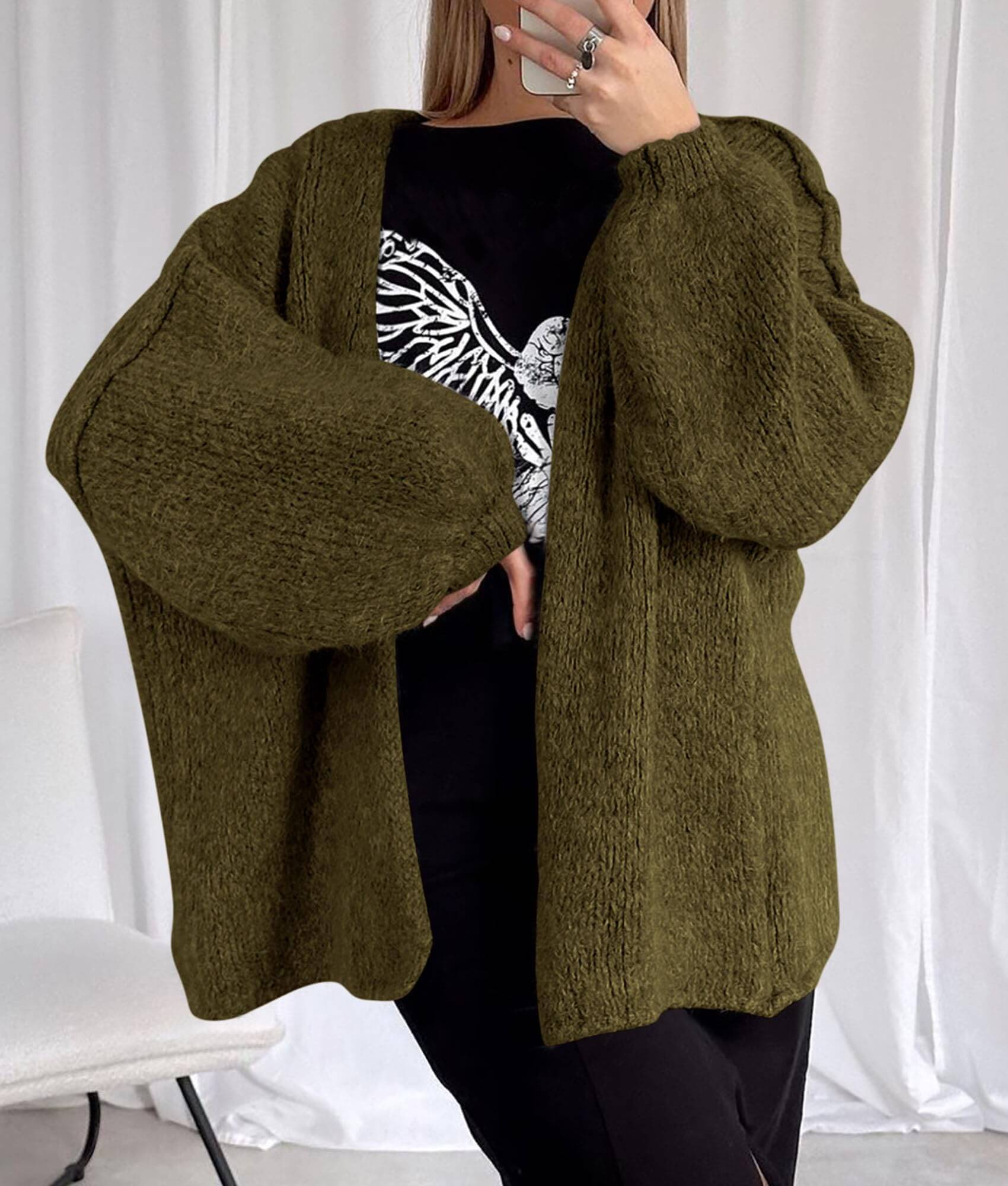 Women’s Oversized Lantern Sleeve Cardigan – Lightweight Fall Knit