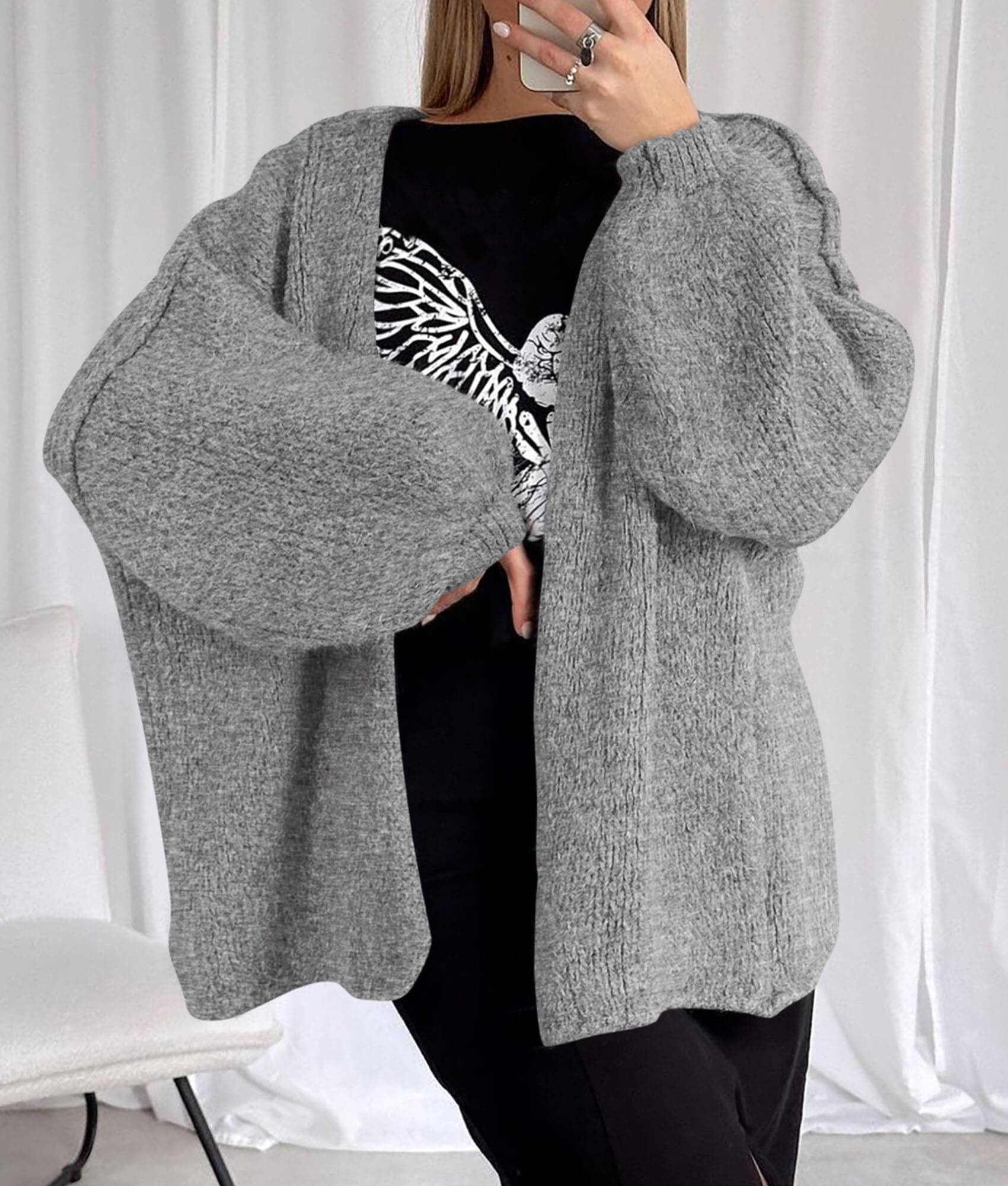 Women’s Oversized Lantern Sleeve Cardigan – Lightweight Fall Knit