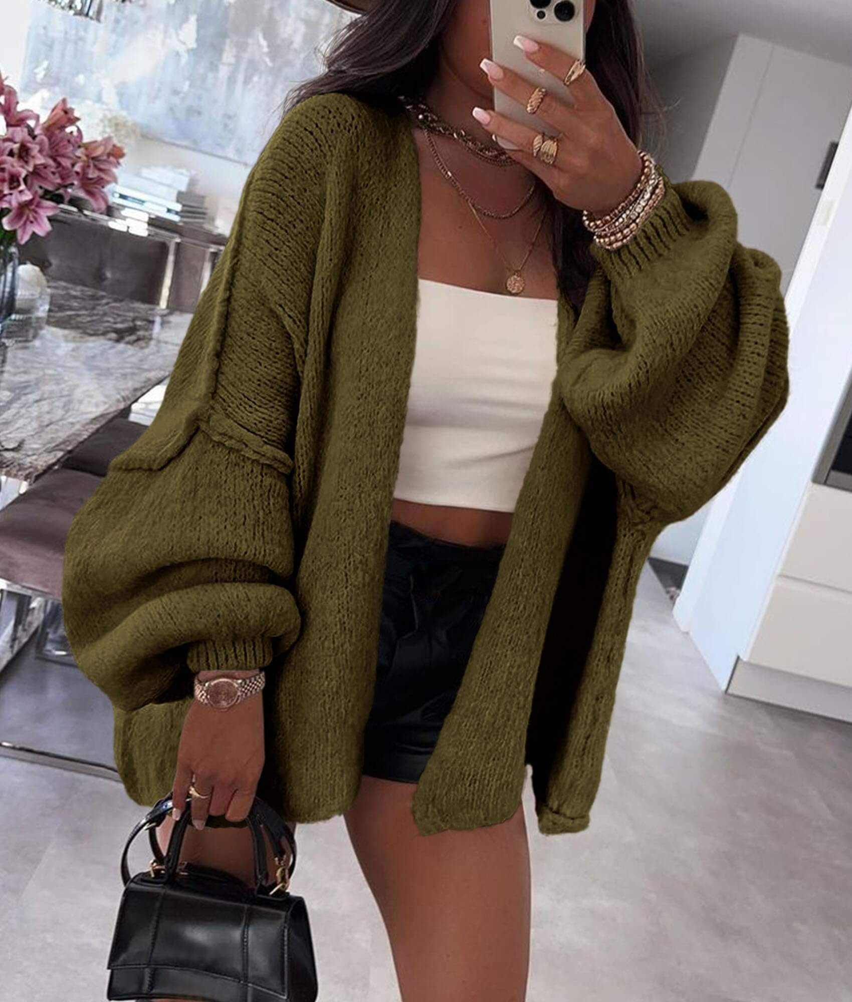 Women’s Oversized Lantern Sleeve Cardigan – Lightweight Fall Knit