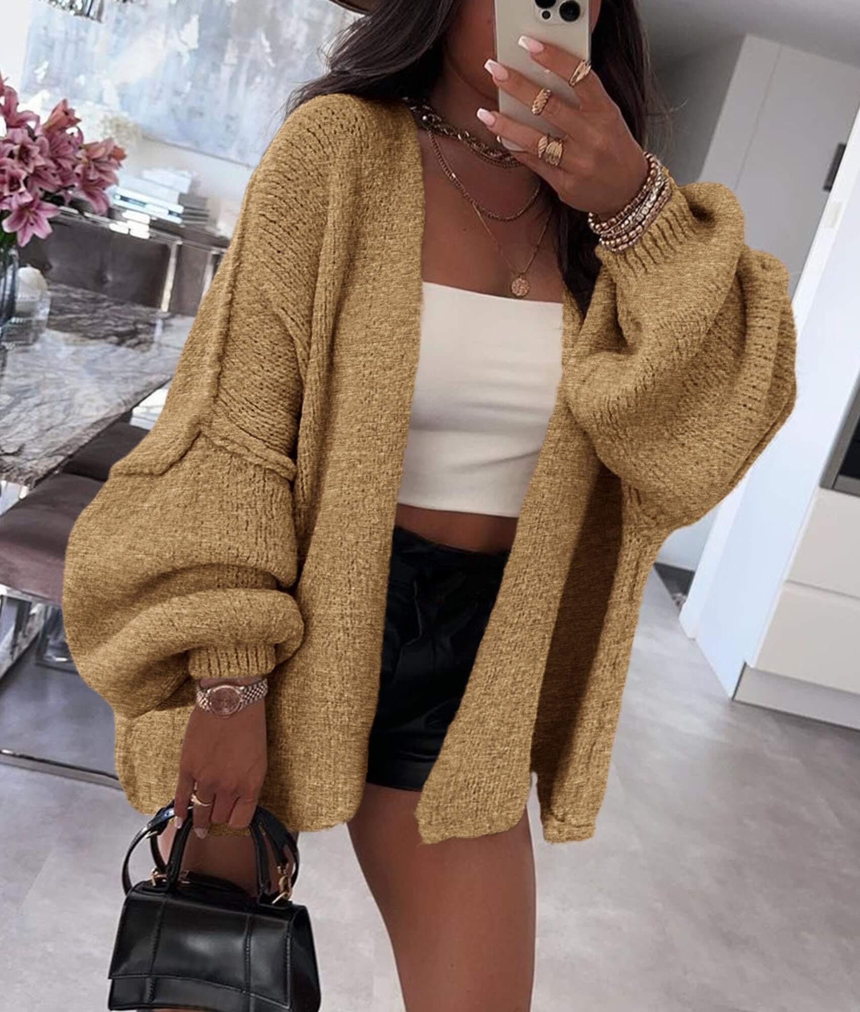 Women’s Oversized Lantern Sleeve Cardigan – Lightweight Fall Knit
