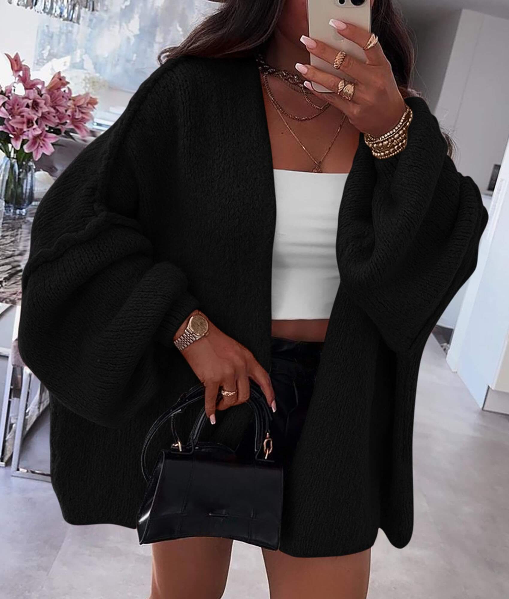 Women’s Oversized Lantern Sleeve Cardigan – Lightweight Fall Knit