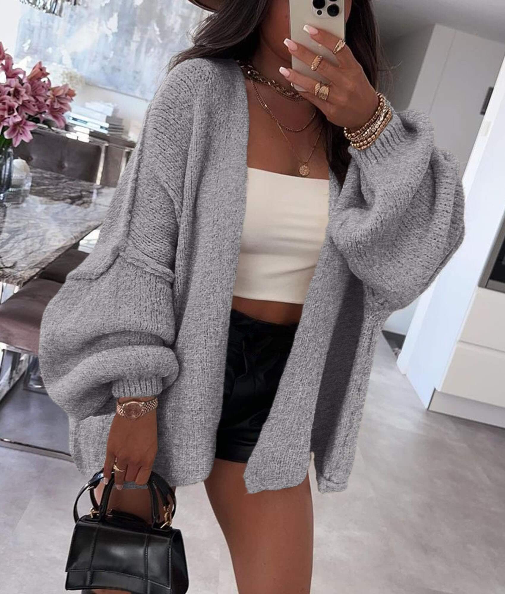 Women’s Oversized Lantern Sleeve Cardigan – Lightweight Fall Knit