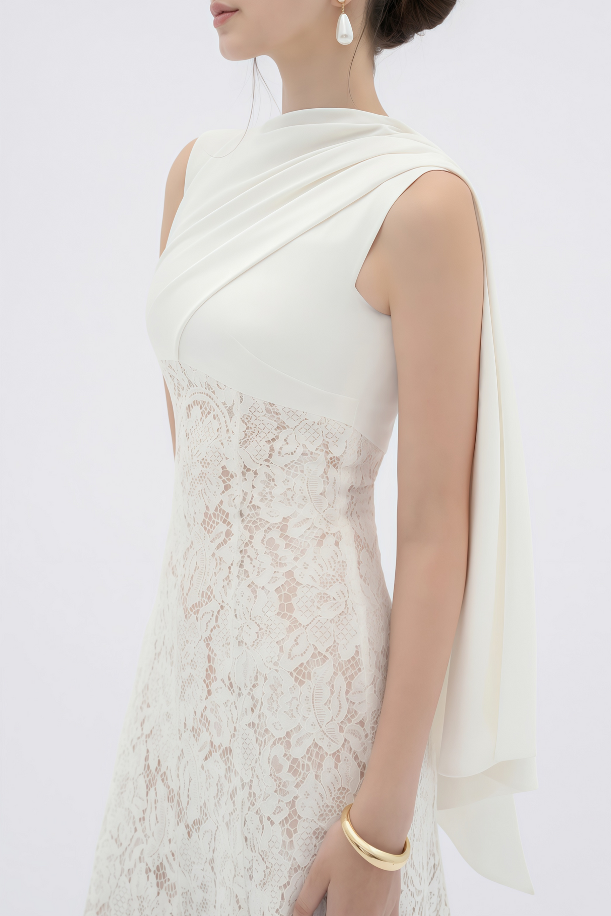 Aurohaya Marzia White Ribbon Detail Floral Lace Maxi Dress