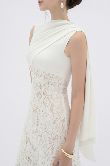 Aurohaya Marzia White Ribbon Detail Floral Lace Maxi Dress