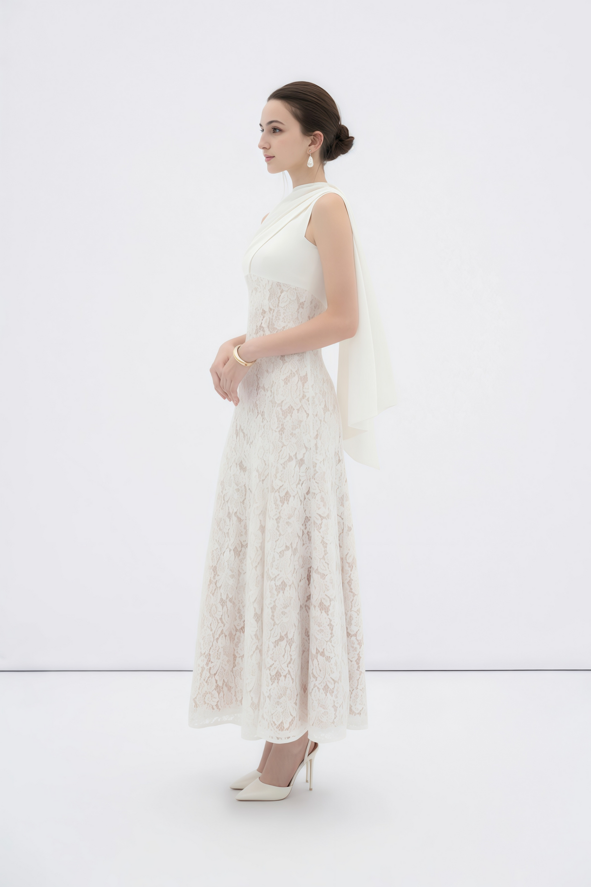 Aurohaya Marzia White Ribbon Detail Floral Lace Maxi Dress