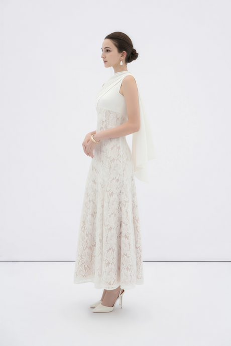 Aurohaya Marzia White Ribbon Detail Floral Lace Maxi Dress
