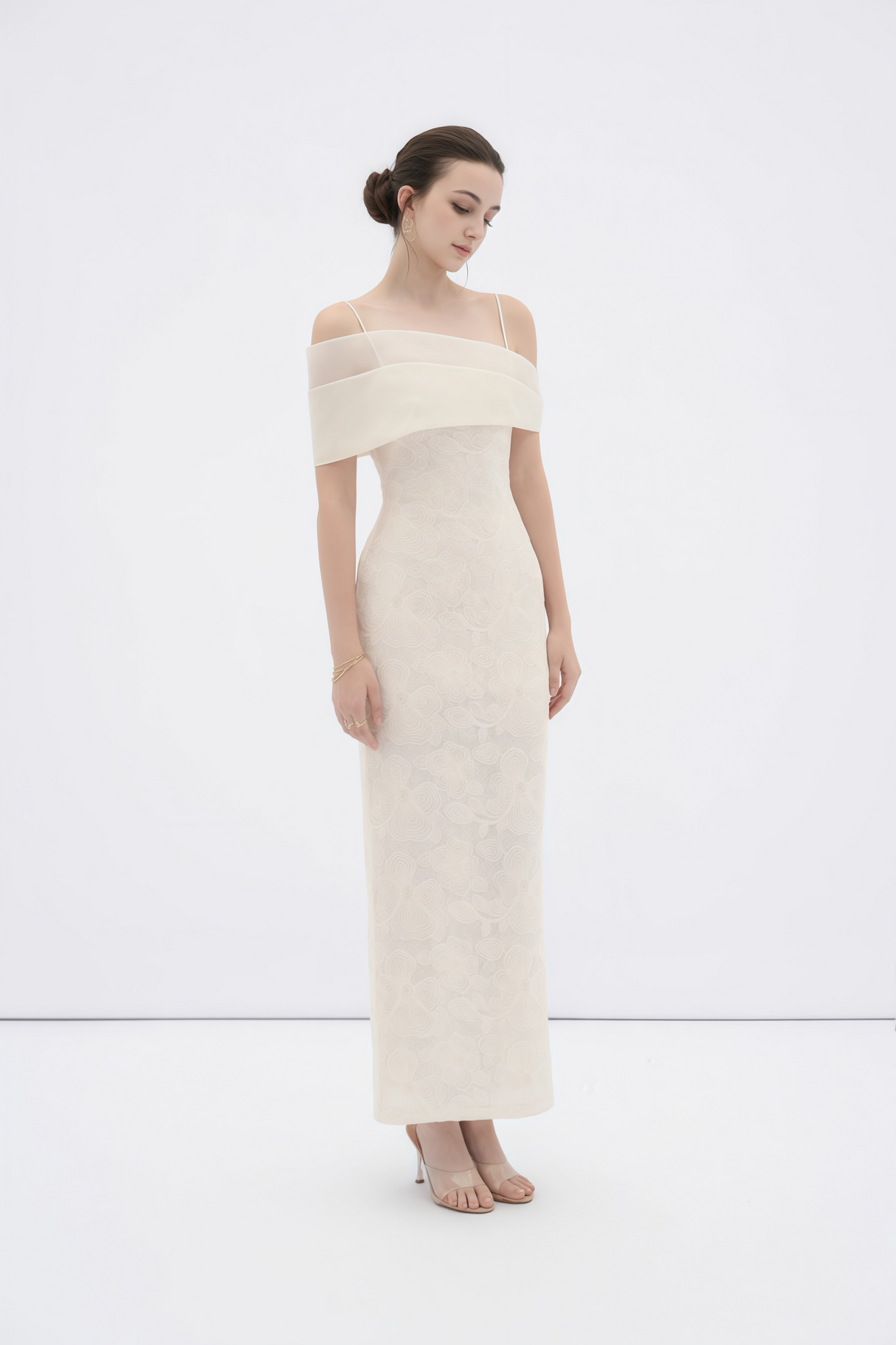 Aurohaya Ortensia Neutral Floral Lace Pencil Maxi Dress