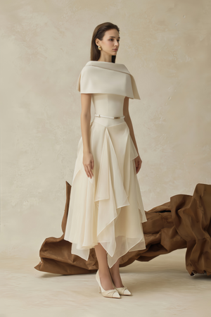 Aurohaya Aria White Asymmetrical Shawl & Tulle Panel Dress Set