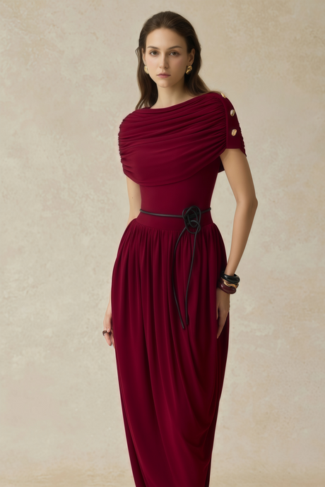 Aurohaya Gianna Burgundy Shawl Design Draped Maxi Dress